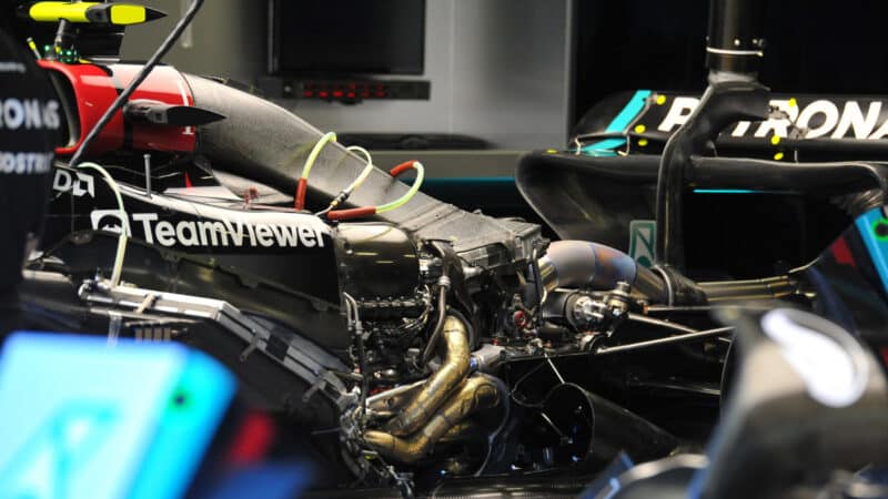 Mercedes engine before practice for the 2024 Monaco Grand Prix