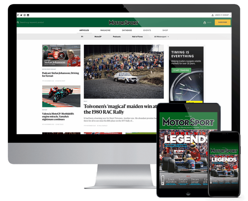 Motorsport Magazine website on Imac screen, Motorsport Magazine with F1 cover on an Ipad and iphone screen.